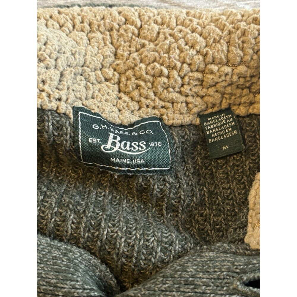 G.H. Bass & Co Pullover Sweater Mens Medium Green 1/4 Button Mock Neck Fur Trim - Picture 2 of 5